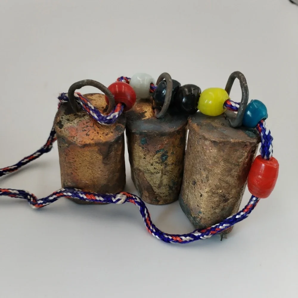 VTG Indian Tin Cow Bells Boho Hanging‎ Cluster 3 Brass Finish Glass Beads Rope